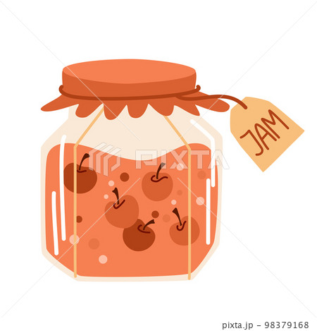 Cherry jam in glass jar. Doodle of home cooking. Healthy Sugar Replacement. Homemade berry jelly cartoon icon. Clipart for decor, sticker, design, card, print. Vector flat illustrations. 98379168