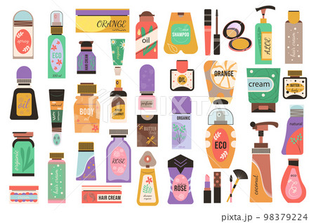 Cosmetic products isolated elements set. Bundle of bottles with lotions, shampoo, body creams or oils, lipstick, mascara, perfume and other. Creator kit for vector illustration in flat cartoon design Cosmetic products isolated elements set. Bundle of bottles with lotions, shampoo, body creams or oils, lipstick, mascara, perfume and other. Creator kit for vector illustration in flat cartoon design 98379224