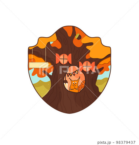 Camping Adventure badge design with oak tree and squirrel. Travel logo graphics. Stock vector retro label isolated on white background 98379437