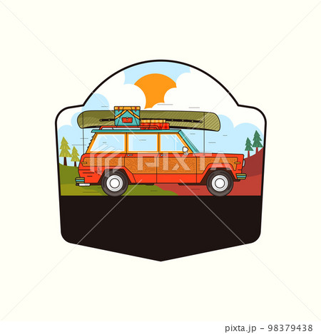 Camping Adventure badge design with camper car, canoe and camp equipment. Travel logo graphics. Stock vector retro label isolated on white background 98379438