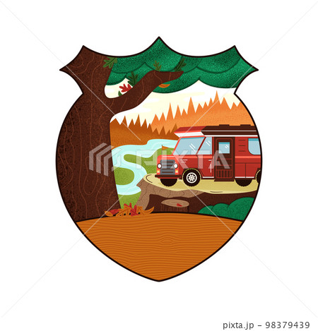 Camping Adventure badge design with forest landscape and RV trailer. Travel logo graphics. Stock vector retro label isolated on white background Camping Adventure badge design with forest landscape and RV trailer. Travel logo graphics. Stock vector retro label isolated on white background 98379439