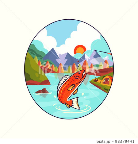 Camping Adventure badge design with mountains, lake and fish. Travel logo graphics. Stock vector retro label isolated on white background 98379441