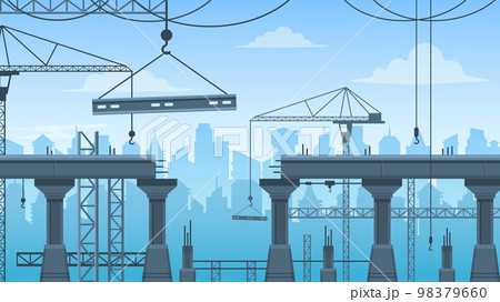 Bridge construction. Steps of building repair bridgework with crane machine, architecture maintenance concept cartoon flat style. Vector illustration 98379660