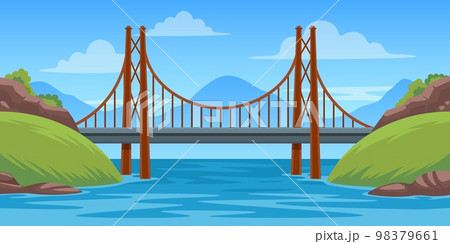 Bridge landscape. Panoramic scene with bridgework across river cartoon style, architecture construction travel infrastructure flat design. Vector illustration 98379661