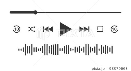 Video or music player interface with loading progress bar, equalizer wave and differet button icons. Simple mediaplayer panel template for mobile app 98379663