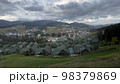 Small houses in the forest resort in autumn, Carpathian Ukraine 98379869