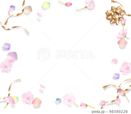 桜の花とつぼみと花びらー虹色宝石の転がるかわいいフレームイラスト白バック素材 98380226