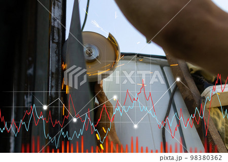 Iron processing work, graph. Metal processing with an angle grinder. Sparks in metalworking. Iron processing work, graph. Metal processing with an angle grinder. Sparks in metalworking. 98380362