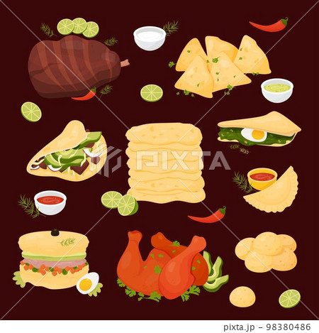 Set latin american cuisine. Mexican food Quesadilla, Taco, Empanadas, corn tortillas, Achiote Chicken, grilled meat, argentinian baked pie and brazilian cheese bread. Isolated vector illustrations. 98380486