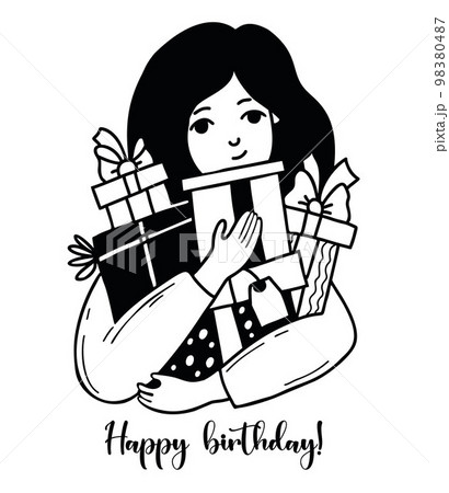 Happy birthday. Cute girl with gifts and boxes with bows. Vector illustration. Hand drawn doodle. Female character for design of holiday themes. Happy birthday. Cute girl with gifts and boxes with bows. Vector illustration. Hand drawn doodle. Female character for design of holiday themes. 98380487