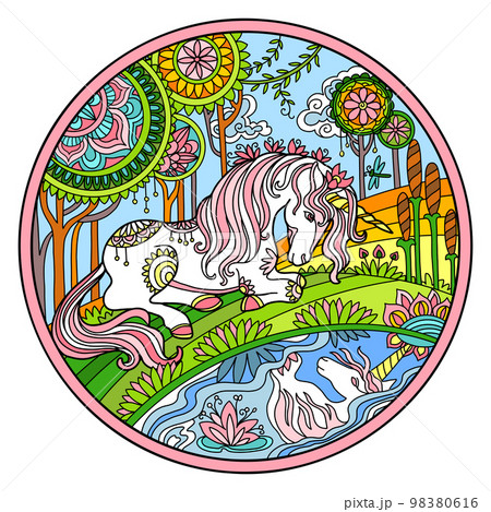 Unicorn on the river bank ornate color round vector illustration Unicorn on the river bank ornate color round vector illustration 98380616