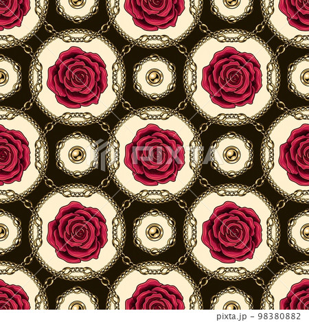 Seamless geometric pattern with crimson roses, round elements made of gold chains, beads arranged in staggered manner. Classic jewelry background 98380882