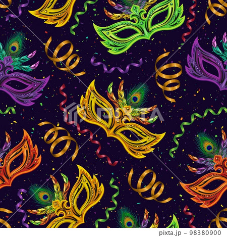 Seamless pattern with carnival masks, serpentine ribbons, streamters on dark textured background. Detailed vintage illustration for prints, apparel, clothing, surface design 98380900