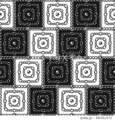 Square geometric pattern with silver steel chains, ball beads. Diagonal ornament with black and white squares. 98381472