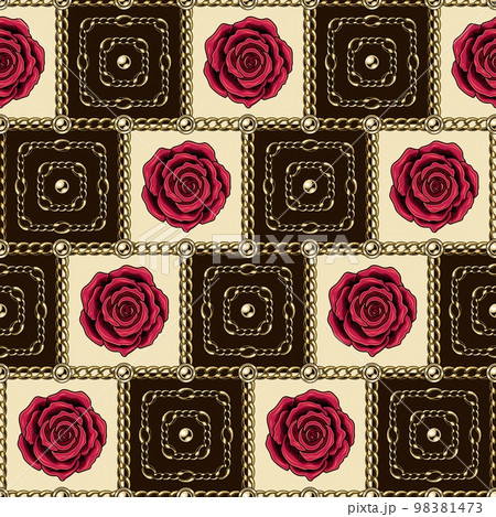 Square geometric pattern with crimson roses. gold chains, ball beads. 98381473