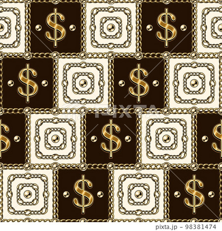 Square geometric pattern with gold dollar sign, chains, ball beads. Diagonal ornament with dark brown and white squares. 98381474