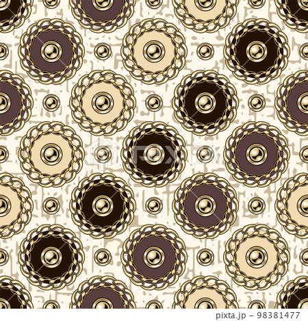 Seamless pattern with circles with gold chains, beads. Diagonal geometric pattern on beige textured background. 98381477