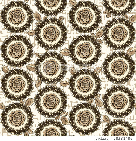 Pattern with beige roses, circles, gold chain, beads, leaves. 98381486