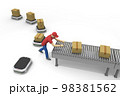 配達ロボットに荷物を置く。コンベアで移動する荷物。仕分けする人物。倉庫での作業。 98381562