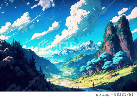 壮大な春の大自然の風景のイラスト素材 [98381761] - PIXTA