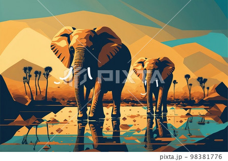 限られた配色で描かれたアフリカゾウのイラスト素材