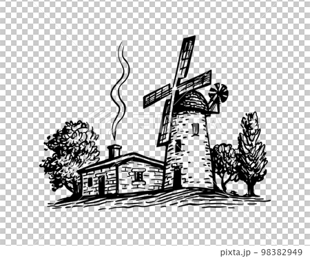 Old tower mill ink sketch. 98382949