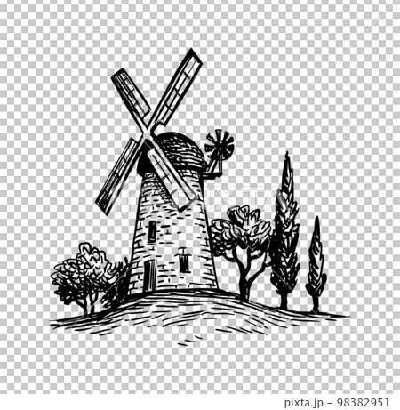 Old tower mill ink sketch. Old tower mill ink sketch. 98382951