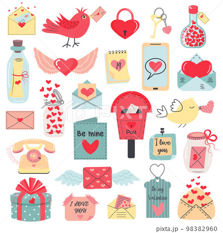 Love post office, messages, mail set. Saint Valentine's Day romantic objects. Colored trendy vector illustration. 98382960