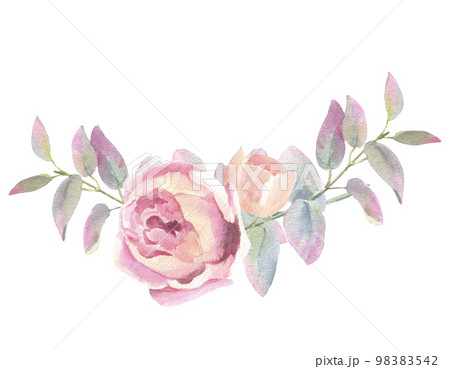 Blush Peach Watercolor Floral Arrangement roses and eucalyptus branches, isolated on white background. For the design and decoration of wedding and greeting printing. Blush Peach Watercolor Floral Arrangement roses and eucalyptus branches, isolated on white background. For the design and decoration of wedding and greeting printing. 98383542