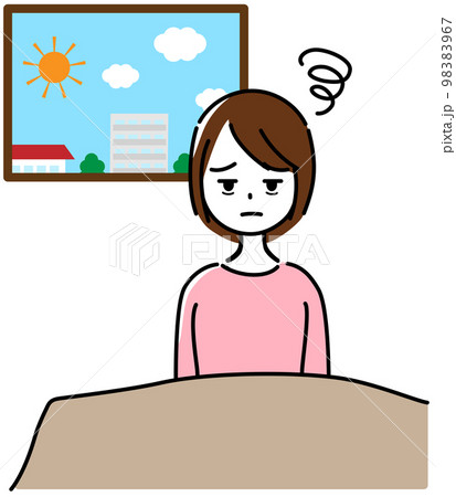 よく眠れずすっきりと目覚められない女性(窓の外に太陽と街並み) よく眠れずすっきりと目覚められない女性(窓の外に太陽と街並み) 98383967