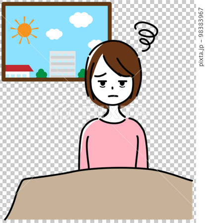 よく眠れずすっきりと目覚められない女性(窓の外に太陽と街並み) よく眠れずすっきりと目覚められない女性(窓の外に太陽と街並み) 98383967