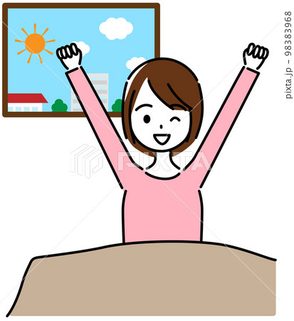 快眠し、すっきり目覚めた女性(窓の外に太陽と街並み) 快眠し、すっきり目覚めた女性(窓の外に太陽と街並み) 98383968