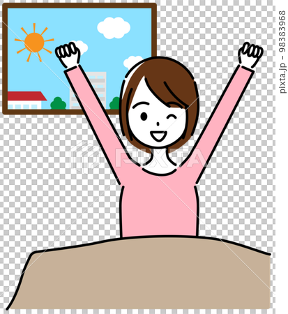 快眠し、すっきり目覚めた女性(窓の外に太陽と街並み) 快眠し、すっきり目覚めた女性(窓の外に太陽と街並み) 98383968