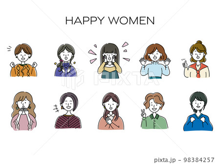 嬉しい、楽しい、喜ぶ女性のアバター、シンプルなアイコンセット 98384257