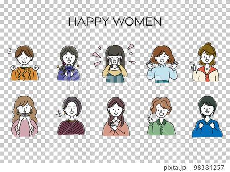 嬉しい、楽しい、喜ぶ女性のアバター、シンプルなアイコンセット 98384257