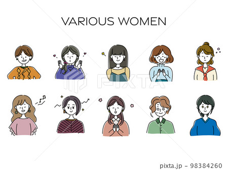 様々な表情をした女性のアバター、シンプルなアイコンセット 98384260