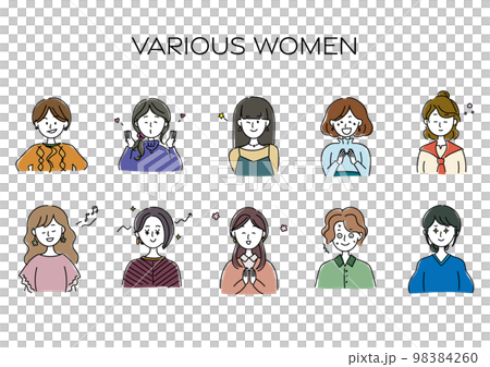 様々な表情をした女性のアバター、シンプルなアイコンセット 98384260