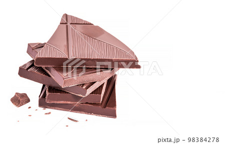 Close up pieces of chocolate on a white background, dessert isolated, health concept 98384278