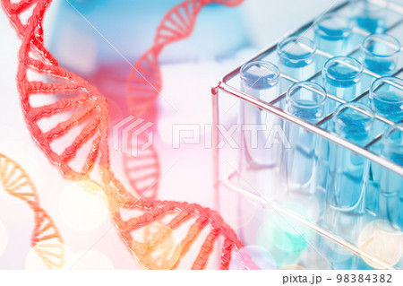 DNA, Chromosome structure. Healthcare and science technology. Testtube filled with sample chemicals in chemistry, biology, biotechnology laboratory. Innovation medicine, medical research. Glassware. DNA, Chromosome structure. Healthcare and science technology. Testtube filled with sample chemicals in chemistry, biology, biotechnology laboratory. Innovation medicine, medical research. Glassware. 98384382