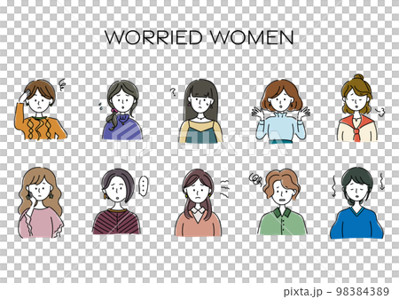 Troubled, depressed, worried woman avatar, simple icon set 98384389