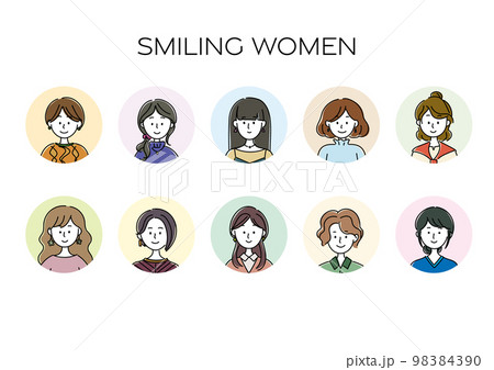 笑顔で正面を向く女性のアバター、シンプルなアイコンセット 98384390