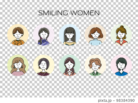 Female avatar facing the front with a smile, simple icon set 98384390