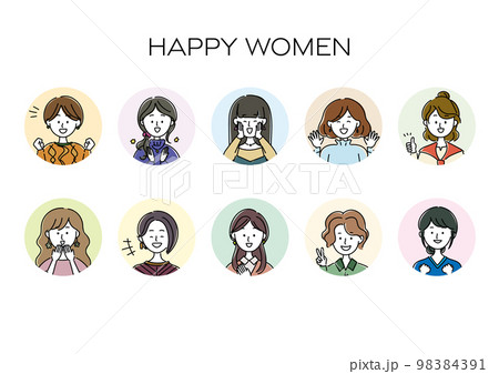 嬉しい、楽しい、喜ぶ女性のアバター、シンプルなアイコンセット 嬉しい、楽しい、喜ぶ女性のアバター、シンプルなアイコンセット 98384391