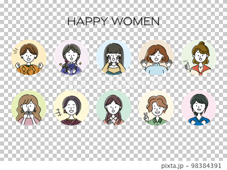 嬉しい、楽しい、喜ぶ女性のアバター、シンプルなアイコンセット 嬉しい、楽しい、喜ぶ女性のアバター、シンプルなアイコンセット 98384391