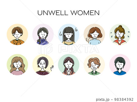 体調不良、悲しい、がっかりする女性のアバター、シンプルなアイコンセット 体調不良、悲しい、がっかりする女性のアバター、シンプルなアイコンセット 98384392