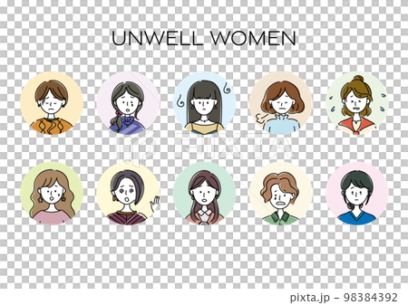 体調不良、悲しい、がっかりする女性のアバター、シンプルなアイコンセット 体調不良、悲しい、がっかりする女性のアバター、シンプルなアイコンセット 98384392