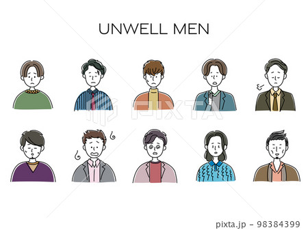 体調不良、悲しい、がっかりする男性のアバター、シンプルなアイコンセット 体調不良、悲しい、がっかりする男性のアバター、シンプルなアイコンセット 98384399