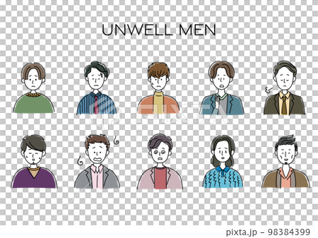 体調不良、悲しい、がっかりする男性のアバター、シンプルなアイコンセット 体調不良、悲しい、がっかりする男性のアバター、シンプルなアイコンセット 98384399