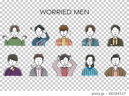 Troubled, depressed, worried male avatar, simple icon set 98384537