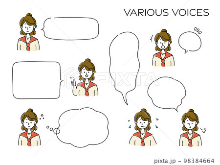 赤いカーディガンを羽織ったおだんご頭の女性と、吹き出しのアイコンセット 赤いカーディガンを羽織ったおだんご頭の女性と、吹き出しのアイコンセット 98384664